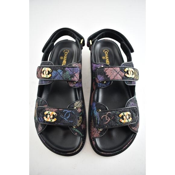 Chanel 21A Black Denim Graffiti CC Logo Mule Slide Strap Flat Dad Sandal 35.5 - Picture 6 of 11